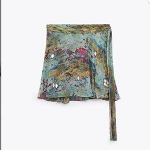 Zara Blue/Green Printed Wrap Skirt  with Mirrored Appliqués - XS, NWT